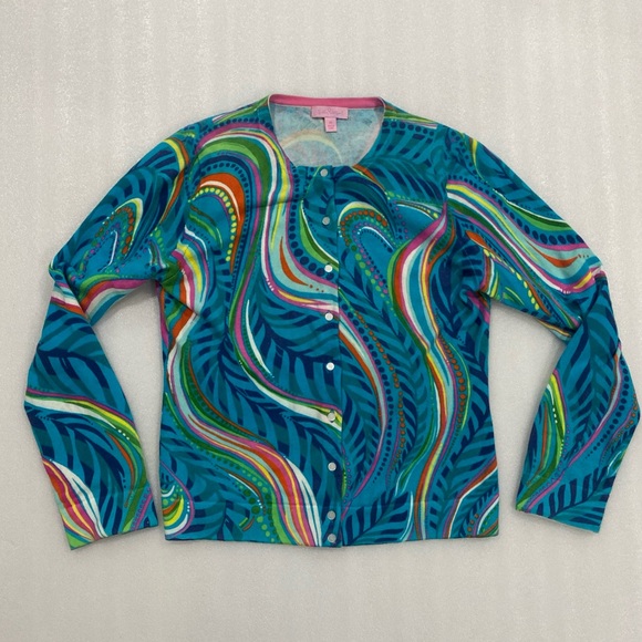 Lilly Pulitzer Cotton Button Up Cardigan Sweater Blue Multicolor Swirl Design M - Picture 6 of 11
